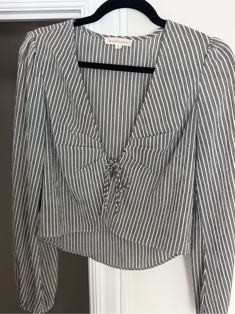stradivarius Black and White Vertical Stripe Tie-Front Blouse